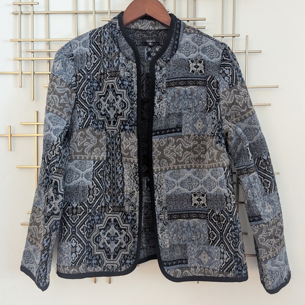 Violet B Patchwork Tapestry Collarless Open Front Jacket Blue Grey Women's‎ Sz M